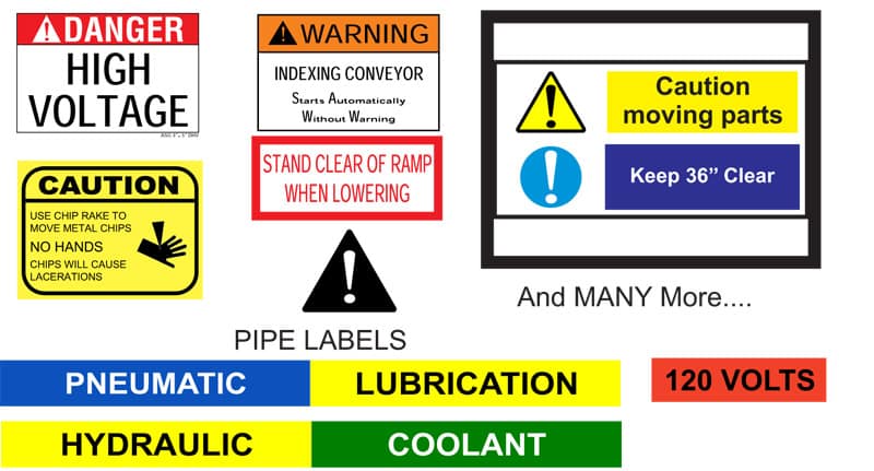 A large variety of industrial signage including high voltage, warning, caution, fluid labels.